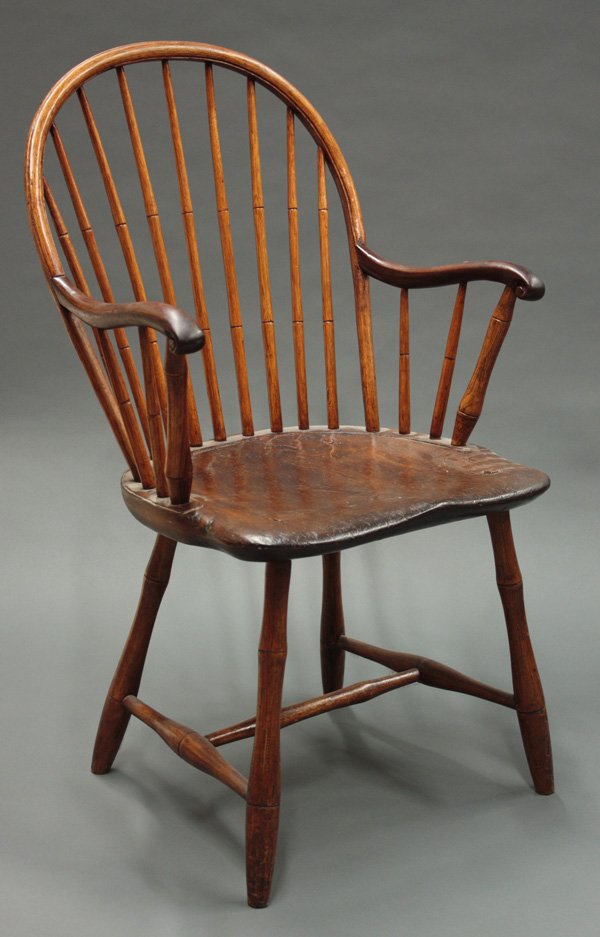 Philadelphia sackback Windsor chair: Philadelphia sackback Windsor armchair, ca. 1800, branded ''I. Letchworth'', with scrolled arms above a saddle seat supported by bamboo turned legs joined by stretchers. Ref: see Santore, The Windsor 