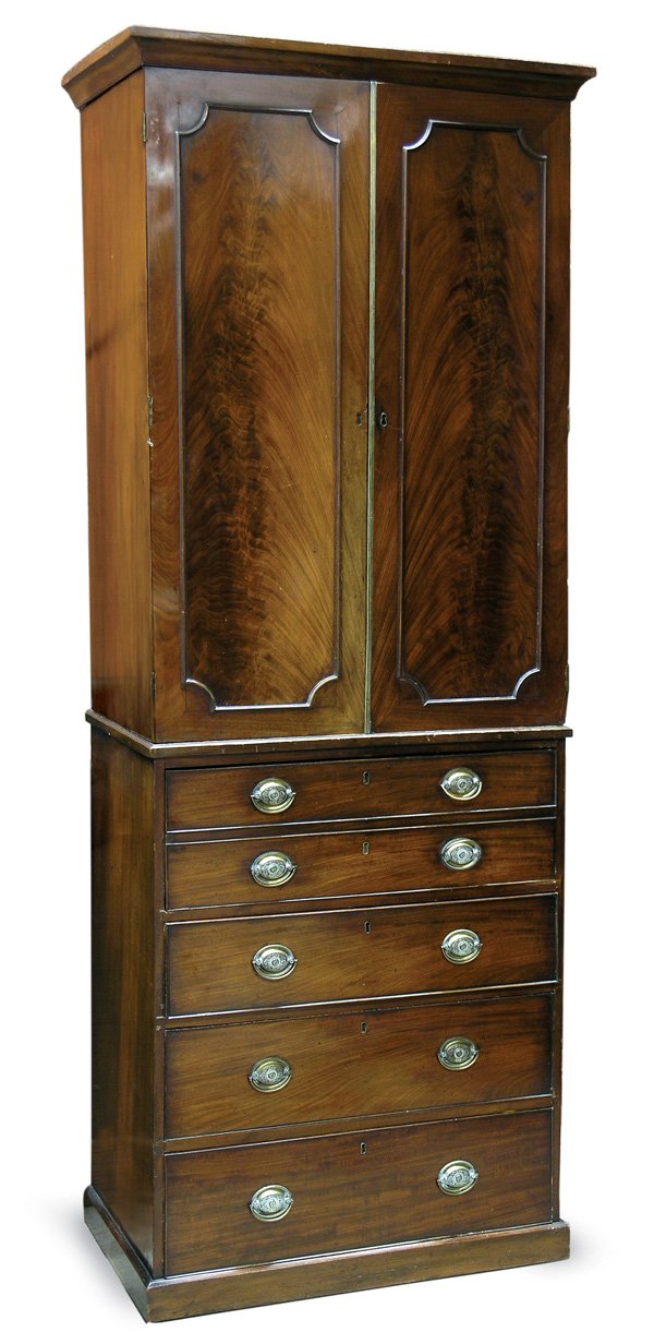 George III mahogany blind door secretary: George III mahogany blind door secretary, in two parts, flat molded cornice above double flame mahogany molded doors, butler's drawer base, with fitted interior over three graduated cock-beaded drawer