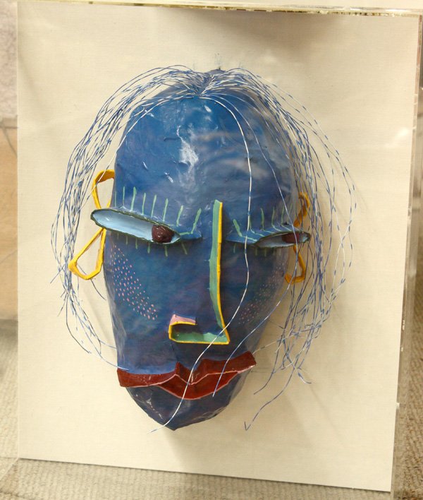 Mask, Gina Truex, Denver Art Museum: Framed papier mache mask, Untitled (Blue), by Gina Truex (American, Contemporary), unsigned, mask: 15''h x 14''w, overall: 21.25''h x 17.25''w. Denver Art Museum Deaccession.