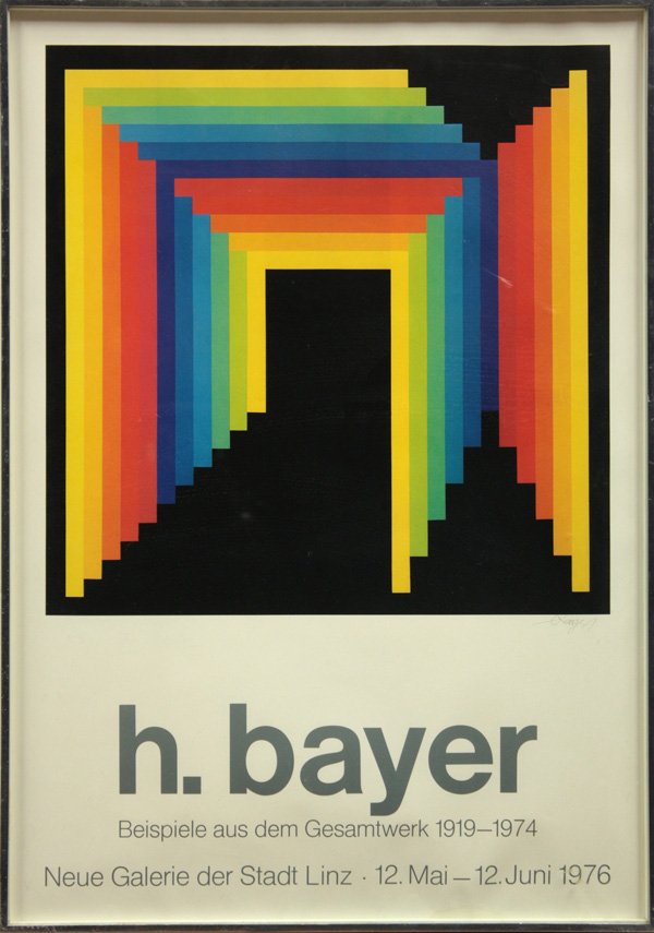 Poster, Herbert Bayer, Gesamtwerk, DAM: Framed offset print, ''h. bayer, Beispiele aus dem Gesamtwerk 1919-1974,'' 1976, labels affixed verso, sight: 26''h x 18''w, overall: 27''h x 19''w. Denver Art Museum Deaccession.