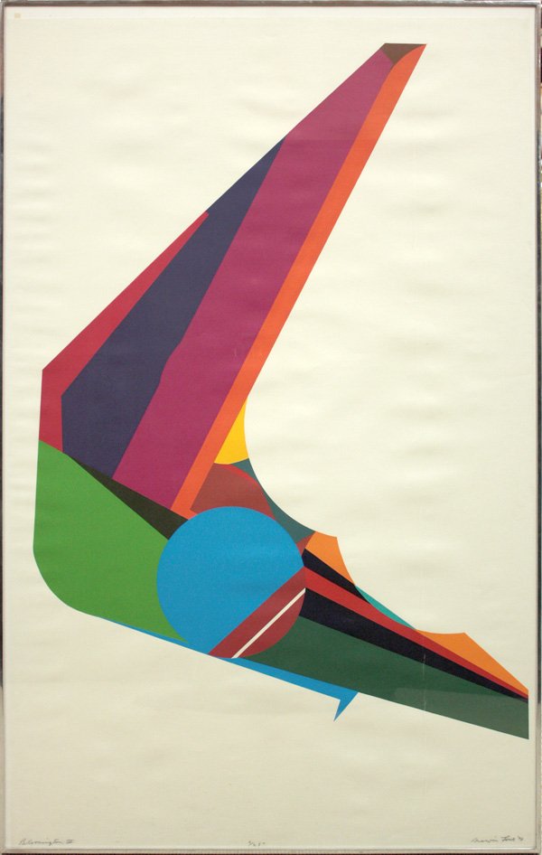 screen print, Marvin Lowe, Abstract, DAM: Framed screenprint, ''Bloomington, III,'' 1970, by Marvin Lowe (American, b.1927), signed and dated ''Marvin Lowe '70'' lower right, titled lower left, numbered 6/25 lower center, sheet: 57.25''h x 36