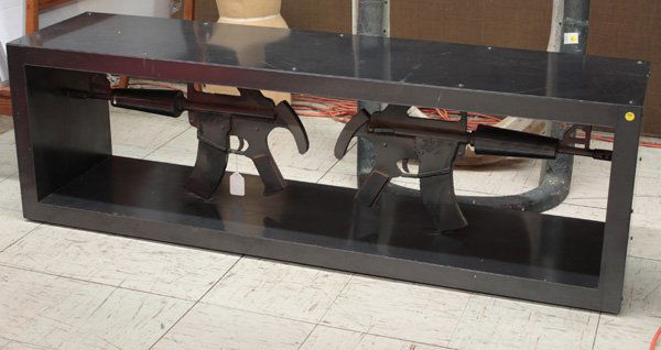 Bench, sculpture, James Drake, Guns, 1990: Sculpture, ''Gun Bench,'' 1990, by James Drake (American, b. 1946), 64''l x 16''w x 20 3/8''w