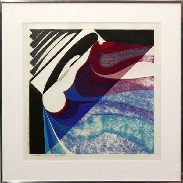 Mixed print, Kazumi Amano, Japanese, DAM: Framed mixed method print, ''D,'' 1969, by Kazumi Amano (Japanese, b.1927), inscribed, signed and dated ''Kazumi Amano '69'' lower center, numbered 4/30 lower center, plate: 25''h x 25''w, overall: 37