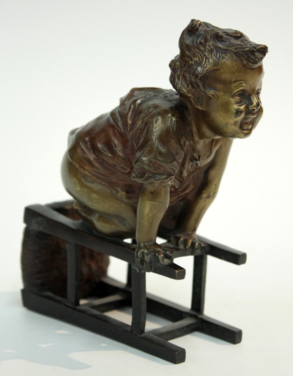 Bronze statue Juan Clara: Bronze statue, Juan Clara (Spanish, 1875-1958), featuring a boy kneeling on a toppled stool, impressed signature and 'AG Bronze Paris' foundry mark, 6''h