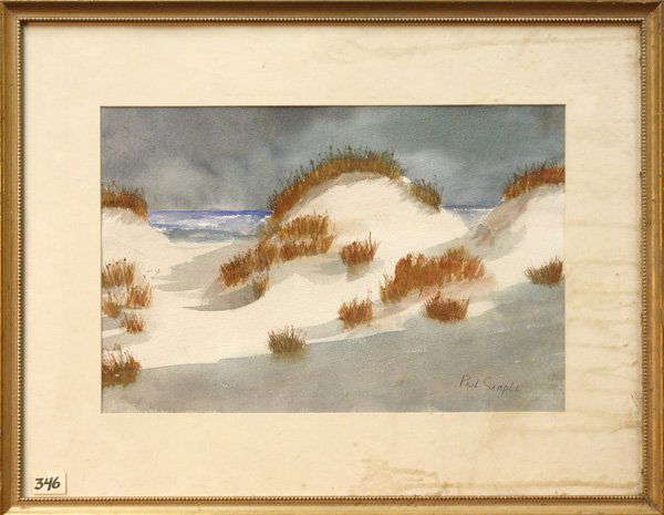 watercolor, Dunes, attributed to Paul Sample: Framed watercolor, Dunes, attributed to Paul Sample (Californian, 1896-1974), bears signature ''Paul Sample'' lower right, sight: 14''h x 21''w, overall: 23 1/2''h x 30 1/8''w