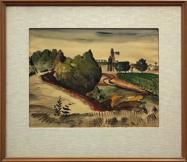 watercolor, George Booth Post, Delta, California: Framed watercolor, View of the Delta, by George Booth Post (Californian, 1906-1997), signed ''George Post'' lower right, sight: 17''h x 22 1/2''w, overall: 28 1/4''h x 32 1/2''w