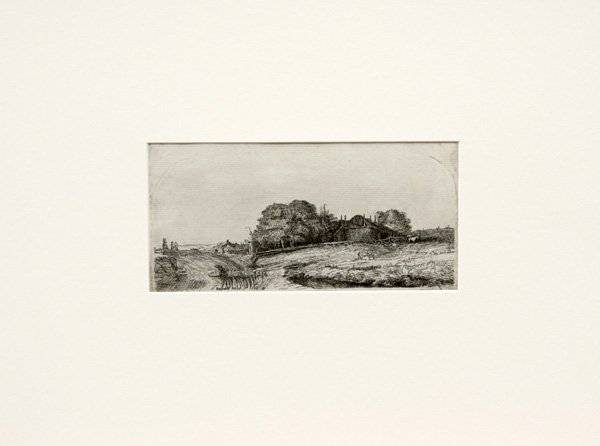 etching, after Rembrandt, Landscape with Barn: Unframed matted etching, Landscape with a Hay Barn and a Flock of Sheep, after Rembrandt van Rijn (Dutch, 1606-1669), plate signed and dated ''Rembrandt 1636'' lower left, Hollstein 224, Bartsch 52-A,