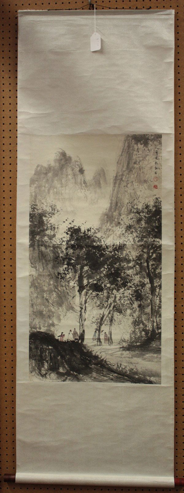 Chinese Scroll, after Fu Baoshi, Landscape: Chinese scroll painting, Scholars in Landscape, afer Fu Baoshi (1904-1965), ink and color on paper, upper bears signature 'Baoshi', dated 'dinghai' (possibly 1947), followed by two seals, overall: 69.