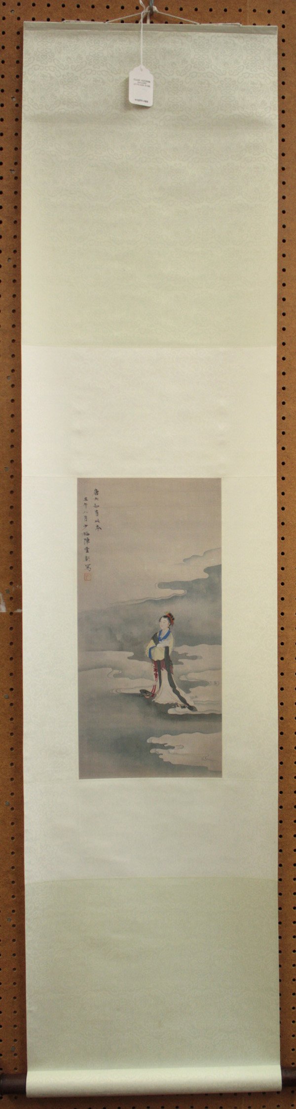 Chinese Scroll, after Chen Shaomei, Chang'e: Chinese hanging scroll painting, Chang'e (maiden of the moon), after Chen Shaomei (1907-1954), ink and color silk, upper left inscribed, dated 'renwu' (1942), bears signature 'Shaome Chenn Yunzhang' a
