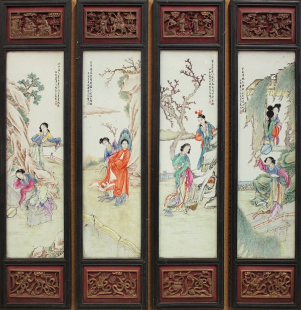 Set of Chinese Painted Porcelain Plaques: (lot of 4) Framed Chinese enamel decorated porcelain plaques, after Wang Xiaotang (1885-1924) each painted narrative scene of beauties and scholars based on illustrations associated with the novel 'Dr