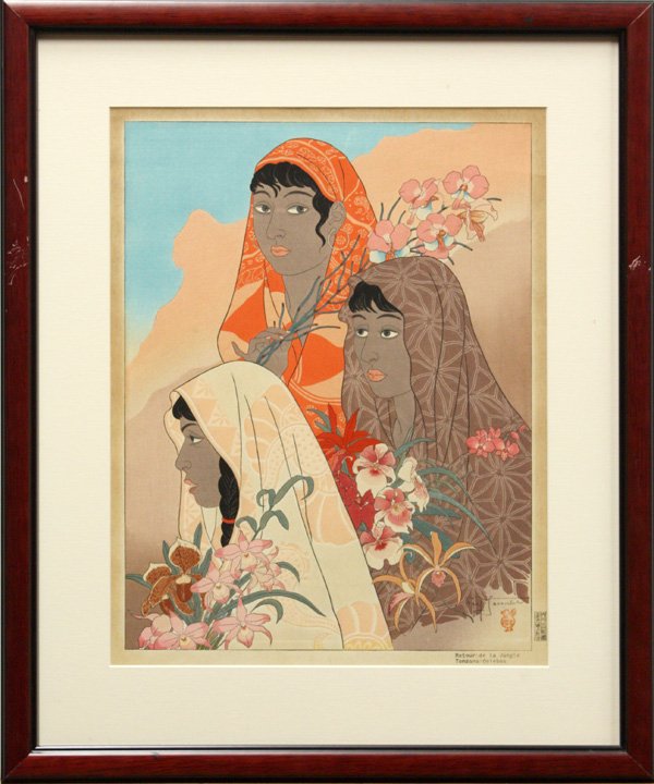 Paul Jacoulet Print, Return from the Jungle: Framed oversize woodblock print, ''Retour de la Jungle, Tondano: Celebes (Return from the Jungle. Tondano, Celebes)'' by Paul Jacoulet (French, 1902-1960), Miles #90, January 28, 1948, with pencil sig