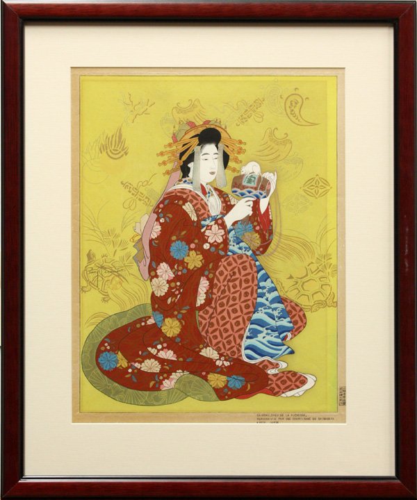 Paul Jacoulet Print: Daikoku: Framed oversize woodblock print, ''Daikoku, Dieu de la Richesse Personnifie par une Courtisane du Shimabara, Kyoto, Japan (Daikoku, the God of Wealth, Personified by a Courtesan of Shimabara. Kyoto, J