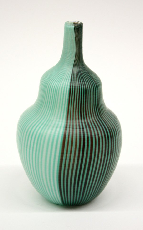 Paolo Venini Tessuto vase: Paolo Venini (Italian, 1895-1959) 'Tessuto' vase in matte finish, with narrow stick neck and waisted, bulbous form body, having vertical mint green, brown, and white stripes contrasting with a horizon