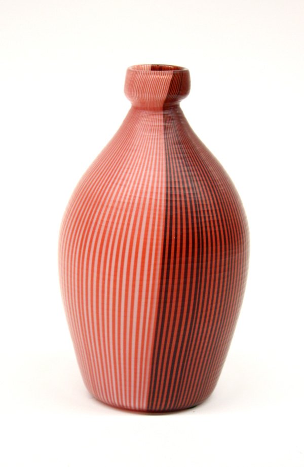Paolo Venini Tessuto vase: Paolo Venini (Italian, 1895-1959) for Venini, 'Tessuto' vase having matte finish, collared opening, with black, pale red, and light grey vertical stripes contrasting with a horizontally ribbed texture