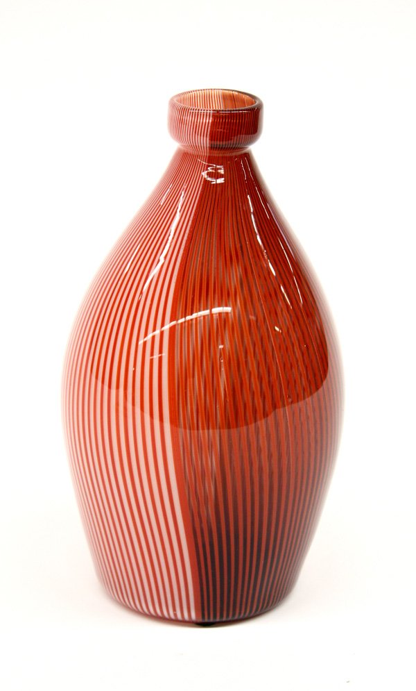 Paolo Venini Tessuto vase: Paolo Venini (Italian, 1895-1959) for Venini 'Tessuto' vase, having a glazed finish, collared opening, with partially transparent black, red, and white vertical stripes, signed 'Venini Italia 80', 8''
