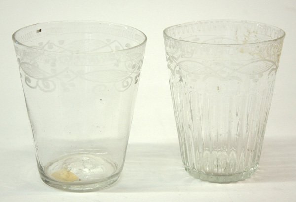 Stiegel type glass tumblers, wheel etched: Stiegel type glass tumblers, wheel etched, one with ribbed body, tallest: 3.5''h, (one is cracked). Denver Art Museum Deaccession.