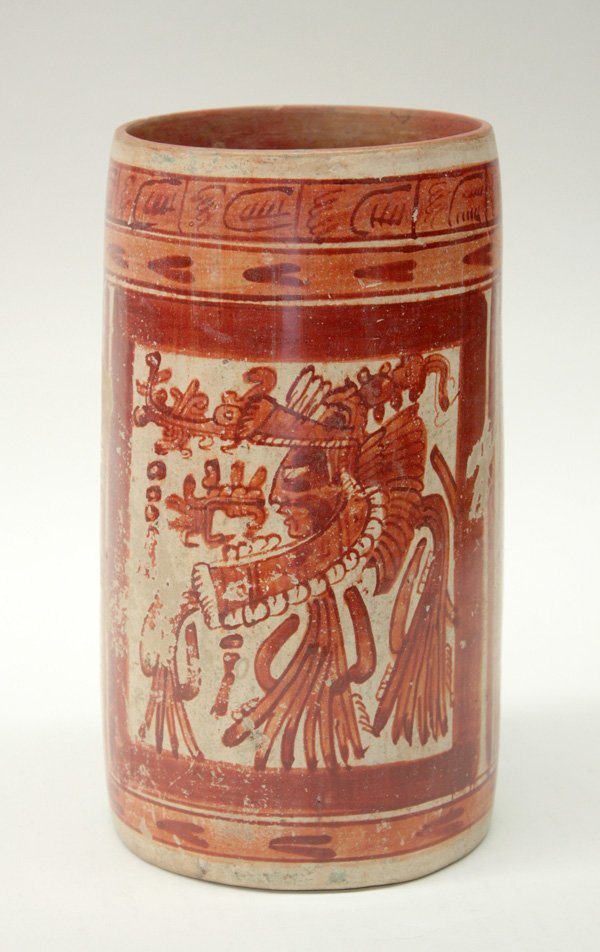 Central American Mayan terra cotta cylinder: Central American Mayan terra cotta cylinder (losses to paint), 8.5''h x 4.75''d. Denver Art Museum Deaccession.
