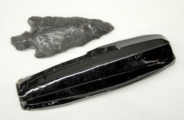 Obsidian pieces,: (lot of 2) Obsidian pieces, one Core from Mexico. Denver Art Museum Deaccession.