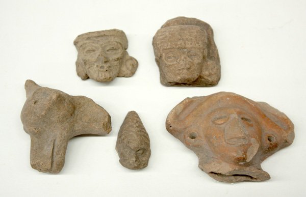 5) Pre Colombian Heads fragments: (lot of 5) Pre Colombian Heads fragments from statues 200BC - 200AD. Denver Art Museum Deaccession.