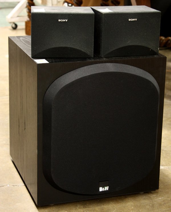 Bowers and Wilkins ASW750 speaker: (lot of 3) Bowers and Wilkins ASW750 speaker, together with a pair of Sony SS-SR190 speakers