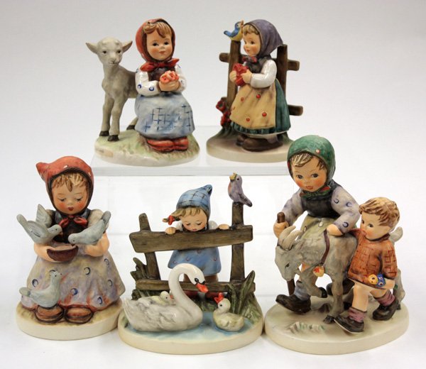 Hummel figurines: (lot of 5) Hummel figurines consisting of ''Cinderella'' 6th mark, 4.75'' (repaired left arm); ''Sweet Greetings'' 6th mark, 4.25''; ''Good Friends'' 6th mark, 4.5''; ''Feathered Friends'', 5th mark, 