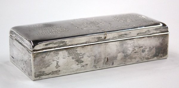 Poole sterling silver commemorative humidor: Poole sterling silver commemorative humidor, presented and inscribed to the United States Naval Captain Rear Admiral Earl E. Stone, from foreign officers, from the 'U.S.N.P.G.S.,' dedication inscribed