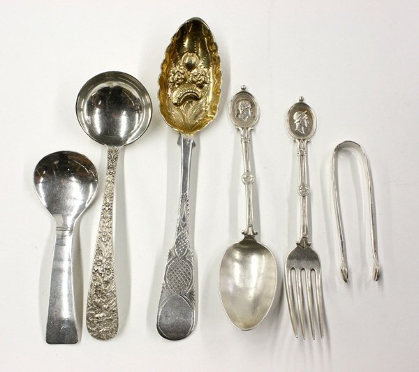 sterling silver flatware: (lot of 6) Selection of sterling silver flatware items including a Zacho flat handled youth spoon, an 1820 Ediburgh sterling vermeil bowl berry spoon having maker's mark 'CD,' Kirk repousse ladle, a B