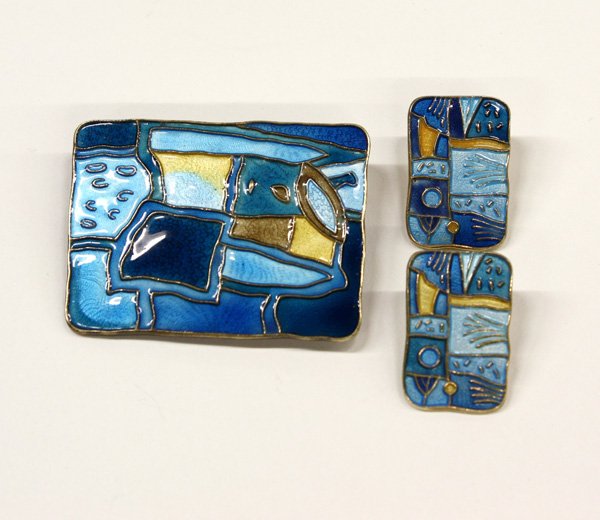 Sterling Brooch, David Anderson, Norway: (lot of 3) Enameled sterling silver brooch and earrings set; by Norwegian designer David Anderson. Total brooch and earrings weight 24.5 grams.