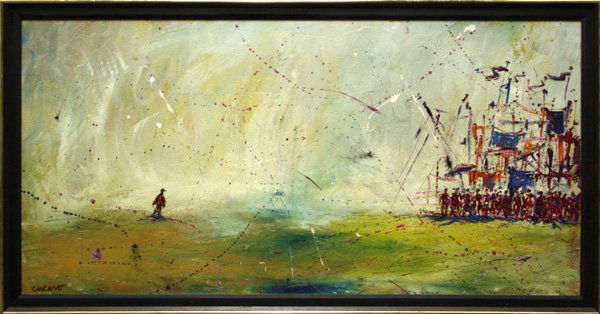 painting, Pascal Cucaro: Framed oil on canvas, Me Against Them, by Pascal Cucaro (Californian, 1915-2004), signed lower left, overall: 27.25''h x 51''w