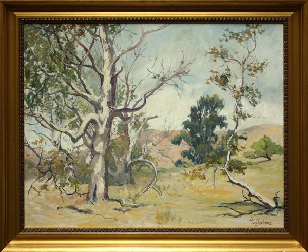 painting, Louise Cunningham, Landscape: Framed oil on canvas board, Valley Landscape, by Louise Cunningham (Californian, 1881-1983), signed lower right, overall: 28.5''h x 34.5''w