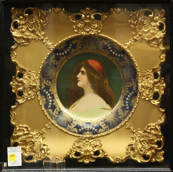 Shadow box framed cameo plate: Shadow box framed cameo plate having transfer decoration depicting a beauty, 17'' x 17'' overall