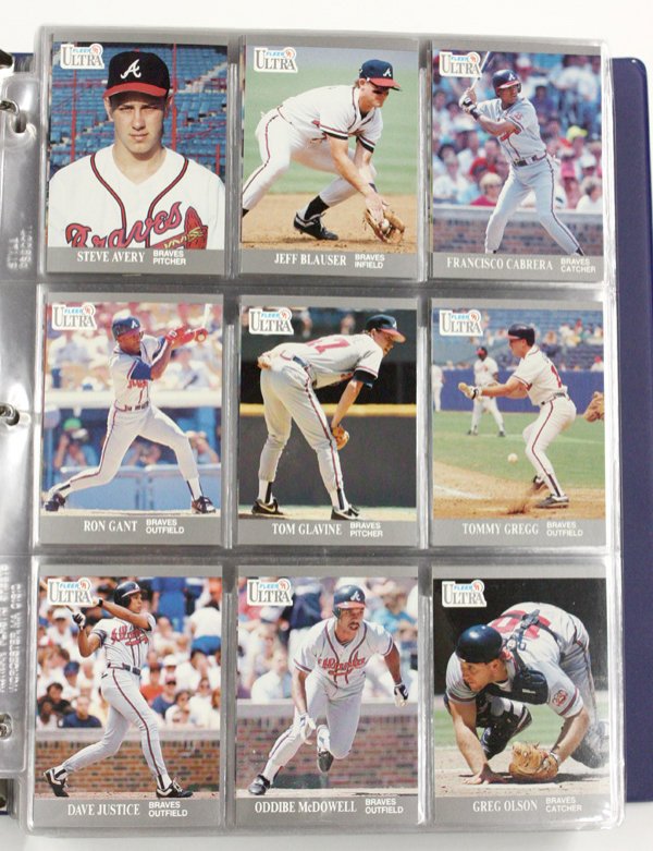 Topps stadium club ultra baseball cards: (lot) of nine baseball collector card albums with Topps Stadium Club and Ultra cards; ''Topps Stadium Club'' include 1991, 1992 (with Team USA & Rookies), 1993 and 1995. ''Ultra'' include 1991 (with U