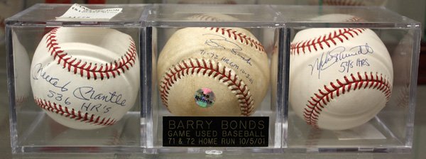 Sports Memorabilia: Lot of approximatley 10 signed baseballs, some names include Mickey Mantle (UDA), Ted Williams, McGuire, Barry Bonds (Game used baseball 71-72 game), and others