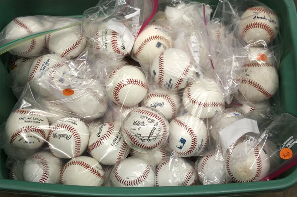 Sports Memorabilia: Box of approximately 65 baseballs, mostly Rawlings Official, American and Major League balls, some with writing