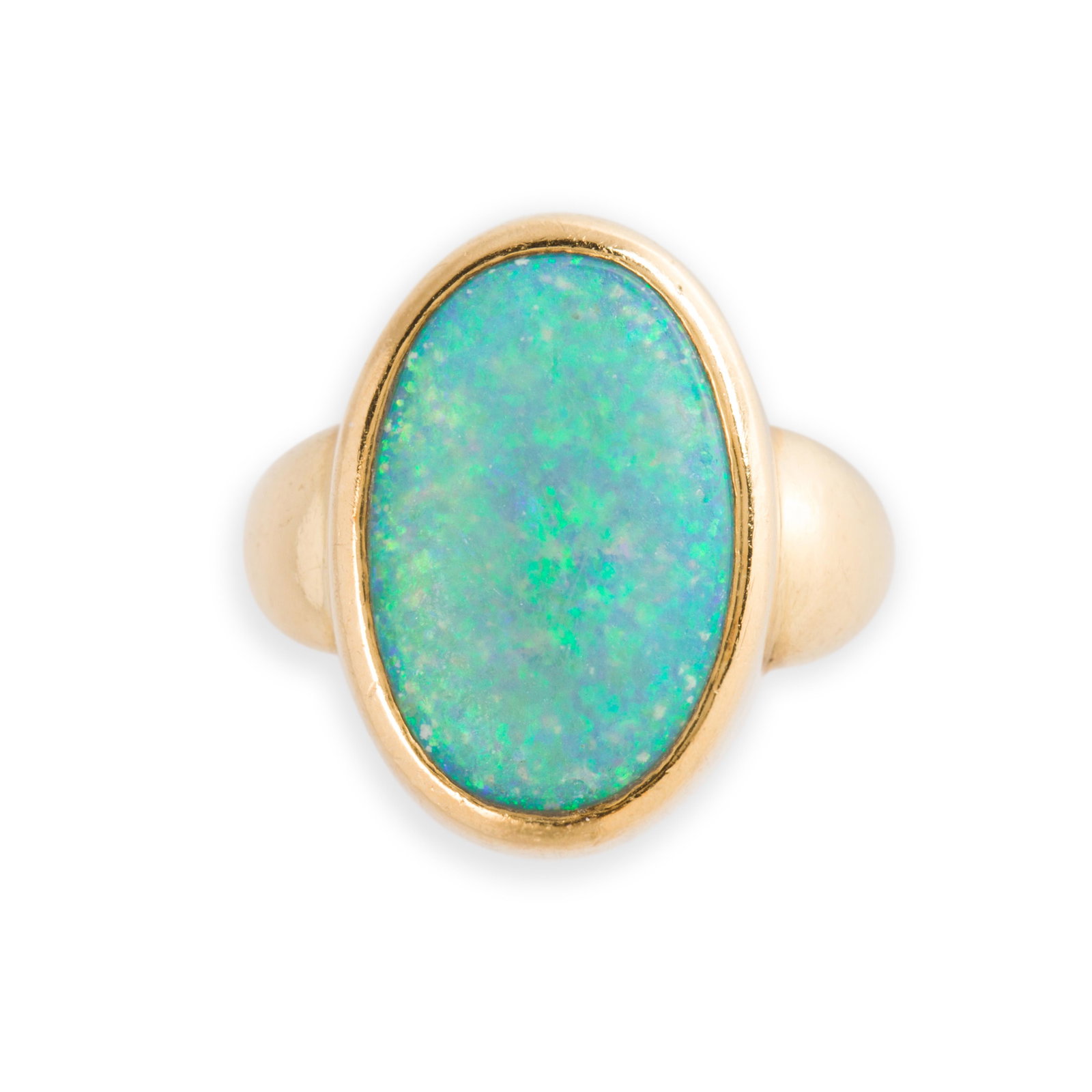 A black opal and eighteen karat gold ring: A black opal and eighteen karat gold ring designed as an oval opal, measuring approximately 17.80 x 12.00 mm, bezel-set within substantial gold mount. 8.0 dwt; size: 6 1/2