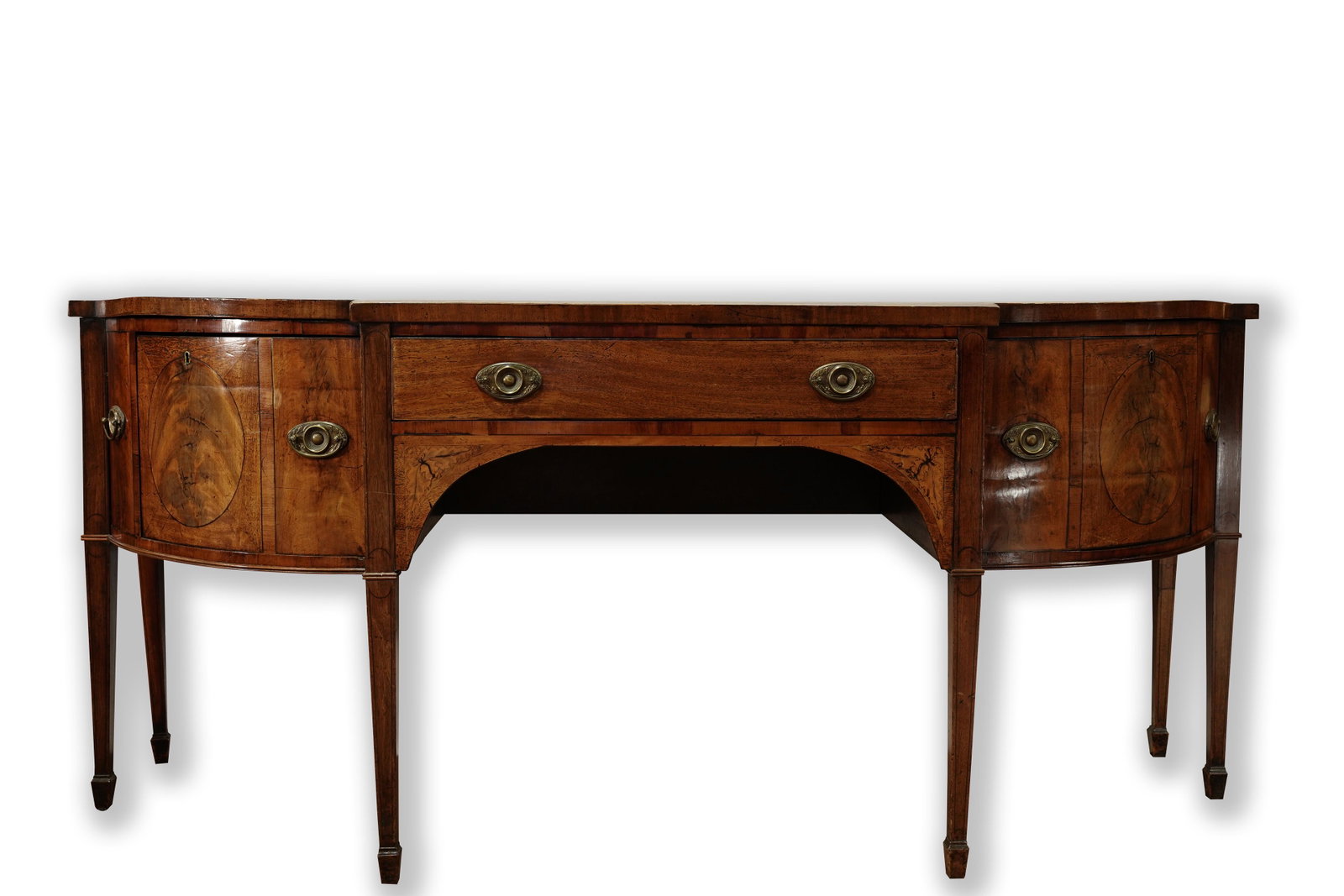 A George III marquetry decorated sideboard: A George III marquetry decorated sideboard, with inlaid sprays of heather, the lower case with a wine cooler to one side, and a door opening up to two drawers, overall37"h x 84"w x 28"d