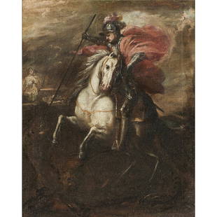 Painting, Manner of Charles-Andre (Carle) van Loo: Manner of Charles-Andres (Carle) van Loo (French, 1705-1765), St. George Slaying the Dragon, circa 1740, oil on canvas, unsigned, canvas: 19"h x 15"w, overall (with frame): 27.5"h x 24"w. Provenance: