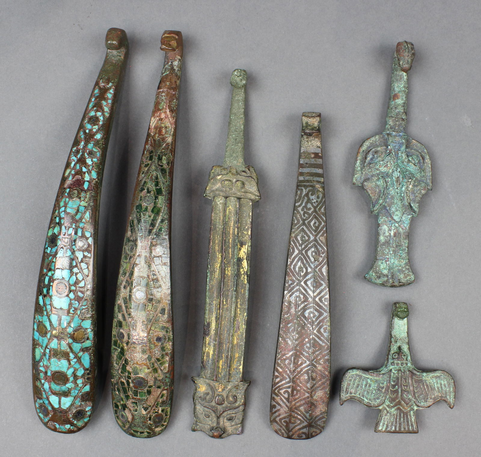 (lot of 6) Chinese archaistic bronze belt hooks (1 of 3)