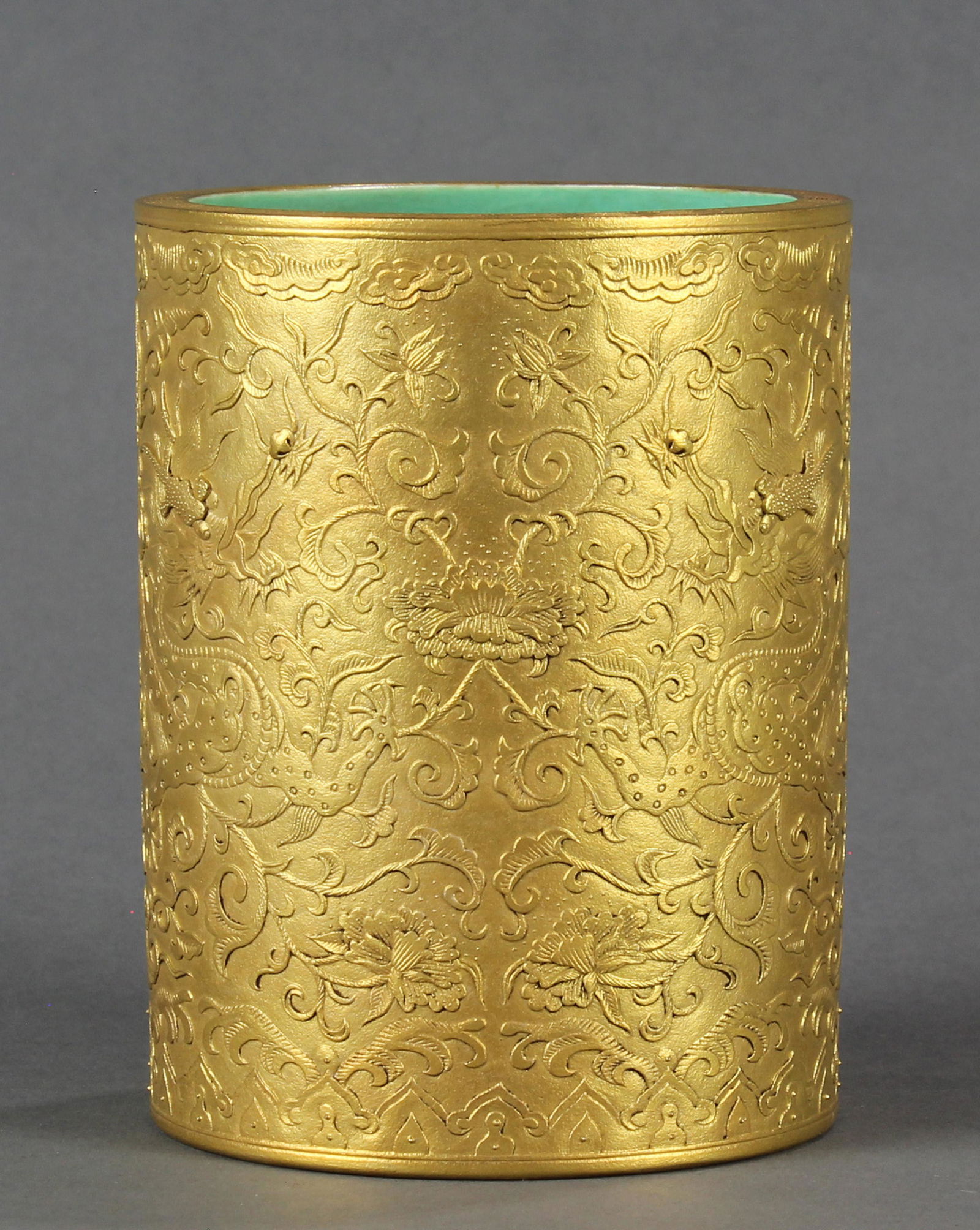 Chinese gilt and carved porcelain brush pot (1 of 5)