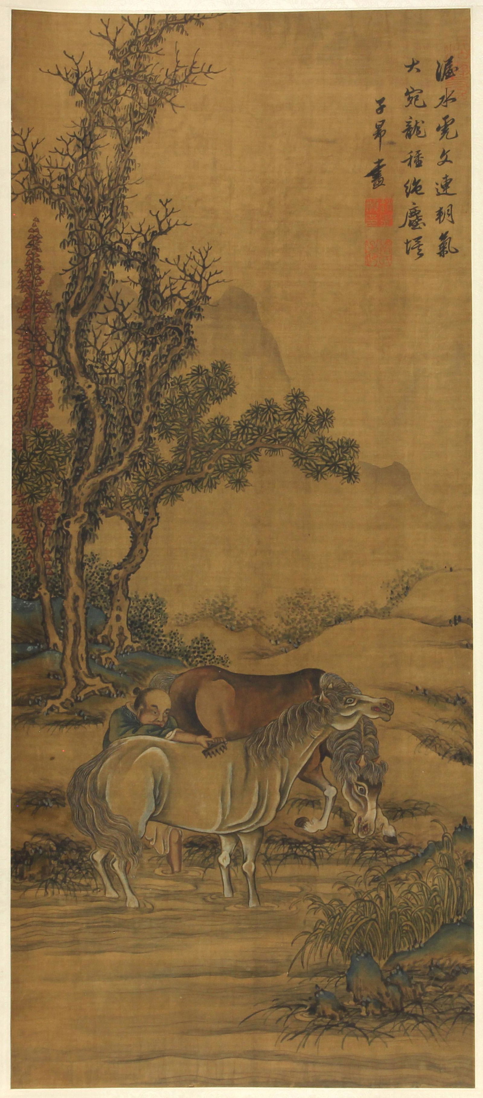 After Zhao Mengfu, Leading the horses to drink from the: After Zhao Mengfu, Leading the horses to drink from the river, hanging scroll, ink and color on silk, inscribed, signed, and three seals. Image 32.75"h x 14"w.