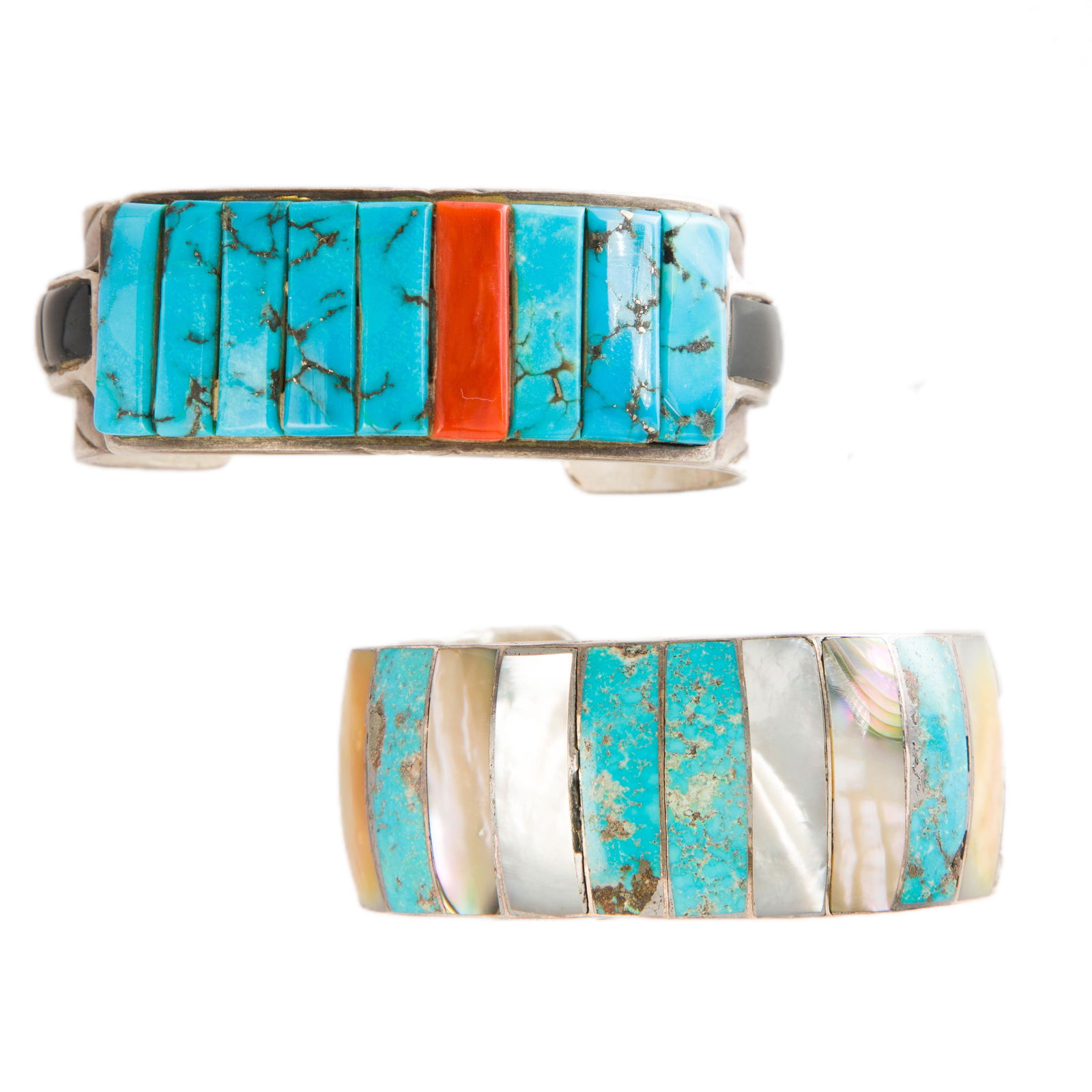 A group of hardstone inlaid silver cuff bracelets (1 of 1)