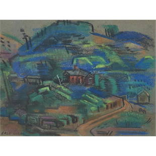 Mixed Media on Paper, Erle Loran: Erle Loran (American, 1905-1999), "Marin Farm," mixed media on paper, signed lower left, titled verso, sight: 8.5"h x 11.5"w, overall (with frame): 19.5"h x 22.25"w