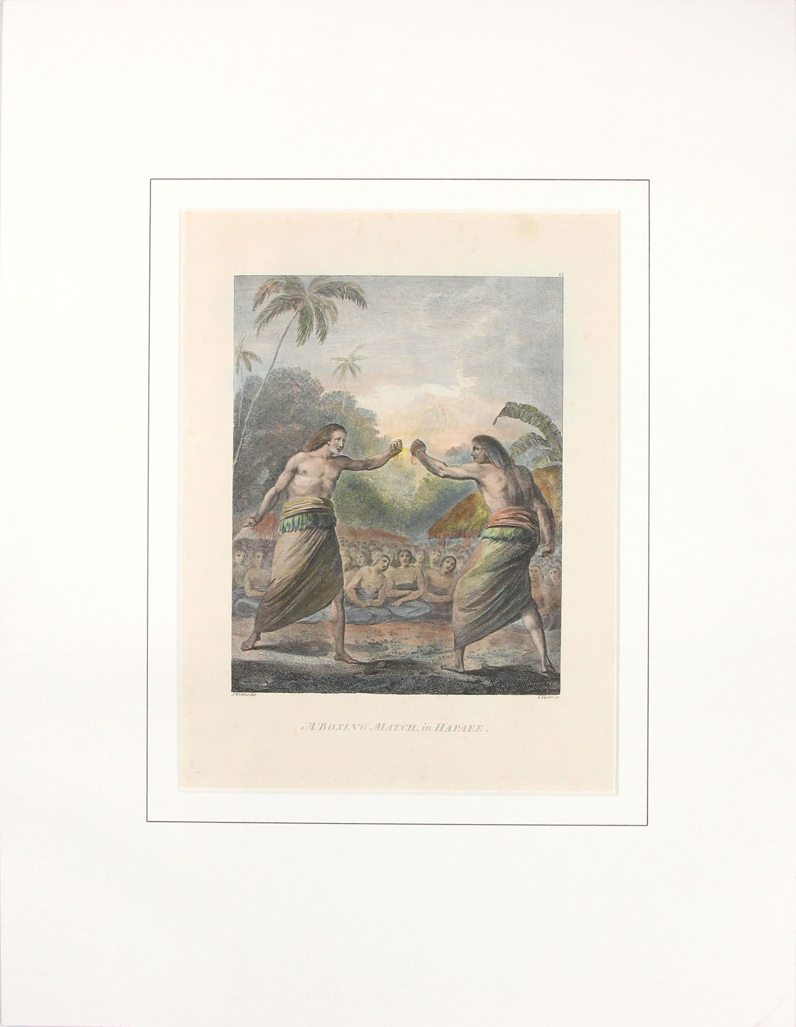 Print, John Webber: John Webber (British, 1750-1793) "A Boxing Match Hapaee," (Tonga), circa 1781, hand-colored engraving, overall (with mat): 22.25"h x 19.25"w