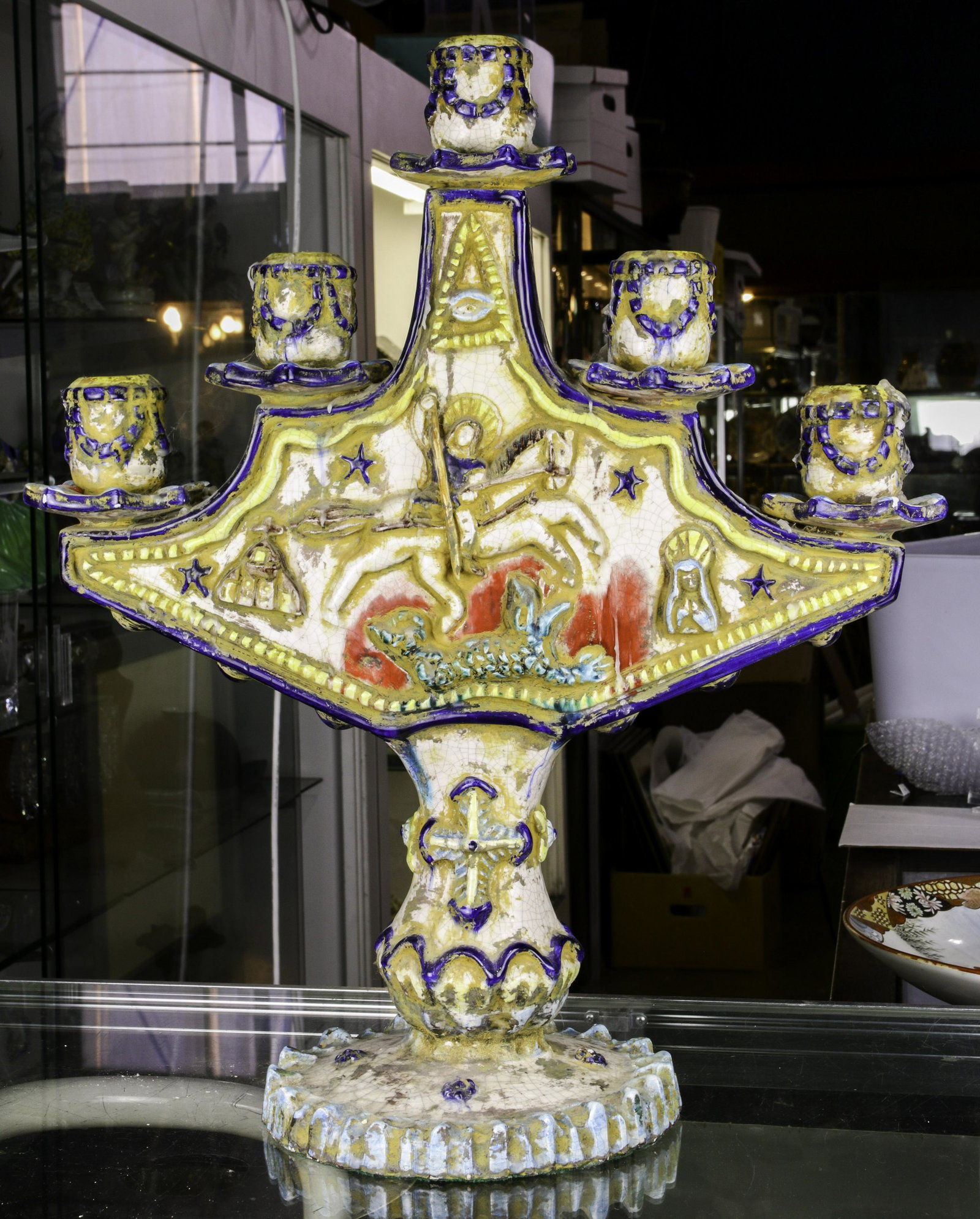 Mexican talavera ware five light candelabra fashioned: Mexican talavera ware five light candelabra fashioned as a tree, 23"h