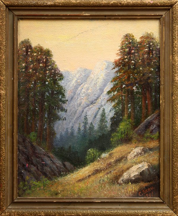 Painting, Landscape, Christian Petersen Skov: Framed oil on canvas board, ''Kings River Canyon,'' 1931, by Christian Petersen Skov (Californian, 1856-1942), signed and dated lower right, titled verso, sight: 9 5/8''h x 7 5/8''w, overall: 11 5/8''