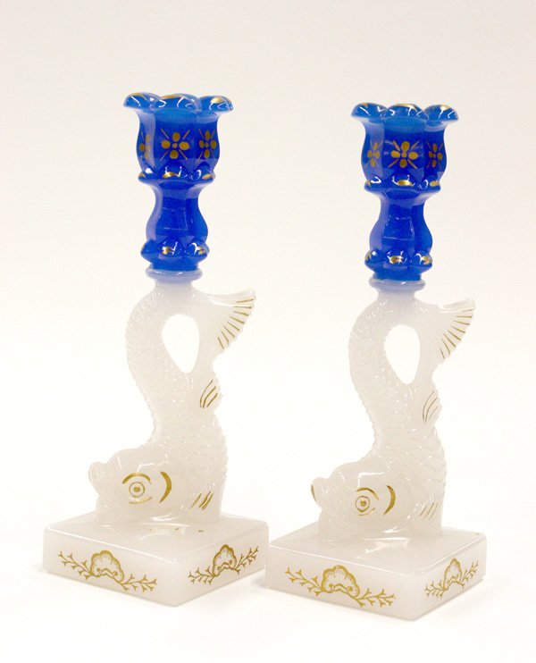 Sandwich glass style dolphin candlesticks