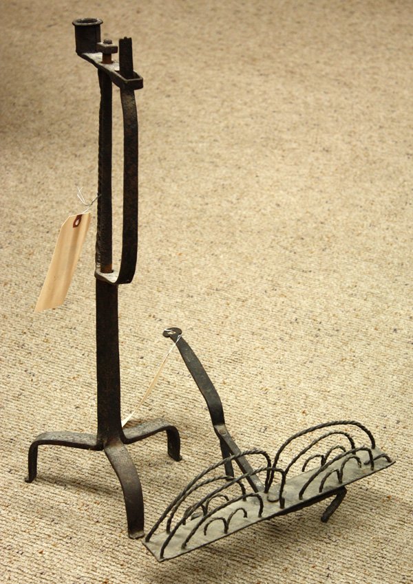 Early American Lighting and Toaster: (lot of 2) Early American rush light on tripod base, 22''h, together with a 19th century fireside toaster, 15''l