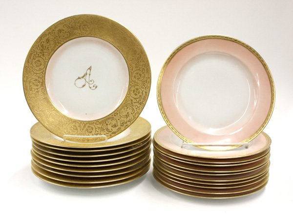 Bavarian plates: (lot of 21) Bavarian plates in two patterns, set of 10 with wide gold banded stylized rim, centered with ''A'' monogram, 11''d; together with set of 11 with gold banded rim and rose lustre border, 10'