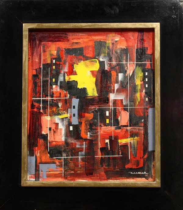 painting, Leonardo Nierman, Abstract: Framed oil on canvas, Untitled Abstract, by Leonardo M. Nierman (American, b.1932), signed and dated ''Nierman 57'' lower right, sight: 23.5''h x 19.5''w, overall: 33''h x 29''w