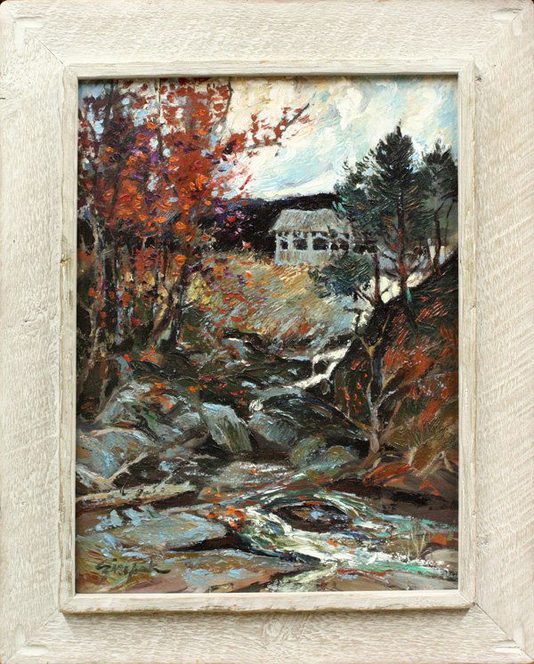 painting, Alfred Czerepak, Mountain Gorge: Framed oil on canvas board, ''Mountain Gorge,'' by Alfred P. Czerepak (American, 1928-1986), signed ''Czerepak'' lower left, titled verso, ''Spaulding-Moss CO.'' stamp verso, sight: 23.25''h x 17.25''